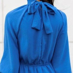 Blue Long Sleeve Dress with High Neck and Bow in the Back - NWT